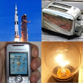 Collage of Cell Phone, Light Bulk, Toaster, and Space Shuttle Launch
